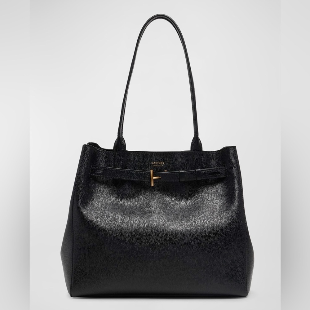 $2150 Tom Ford Black Audrey Grain Leather Medium Open Shoulder Tote Purse Bag